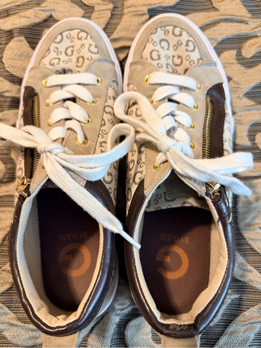 Guess Beige Canvas Sneakers with Brown Accents